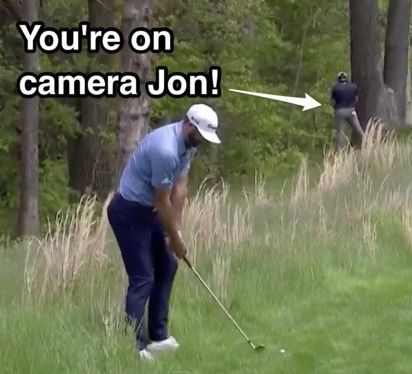 Jon Rahm Pees on a Tree in Camera Range during PGA Championship