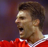 Laudrup celebrates another Danish goal on the world stage.