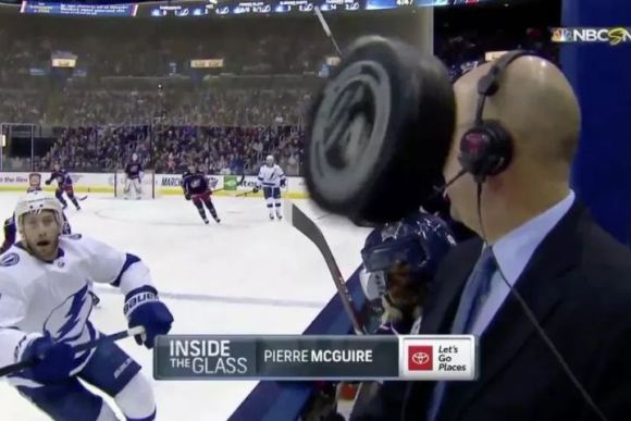 Pierre McGuire Nearly Eats a Puck During Broadcast